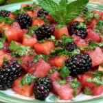 Balsamic Watermelon & Blackberry Salad made with juicy watermelon cubes, fresh blackberries, chopped mint, and balsamic vinegar, served as a colorful summer fruit salad.