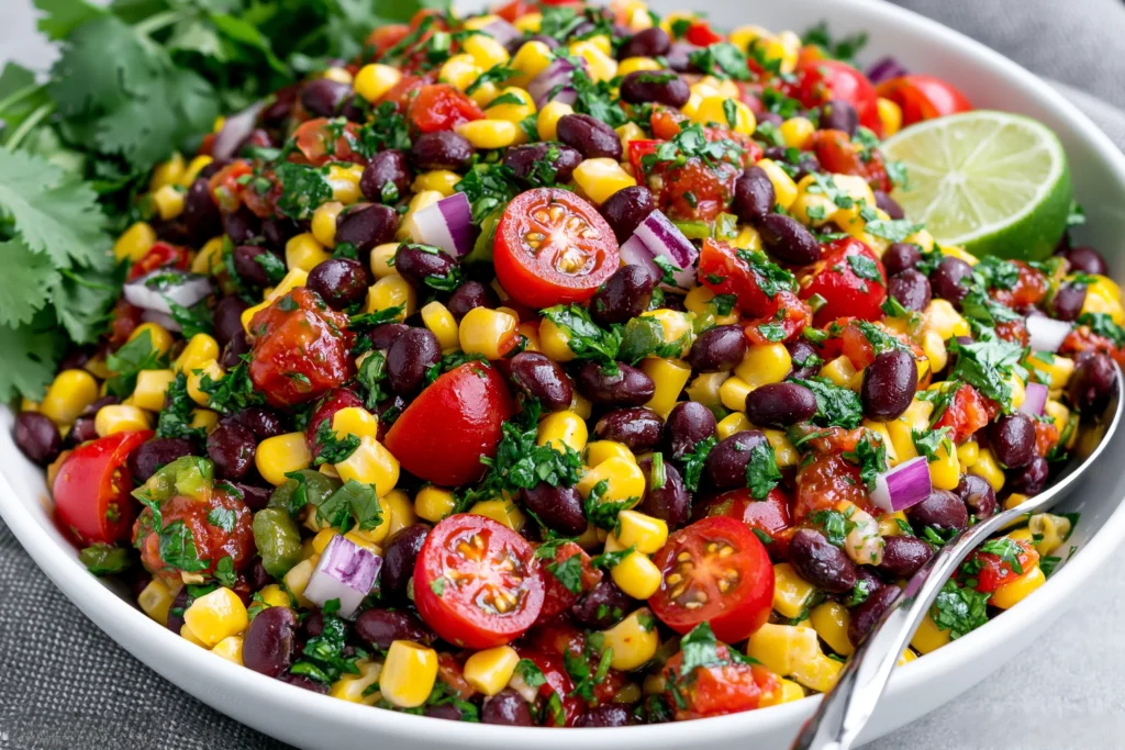 Fresh Black Bean Corn Salsa with black beans, sweet corn, cherry tomatoes, red onion, cilantro, and lime in a serving bowl, perfect for summer parties and healthy snacking.