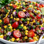 Fresh Black Bean Corn Salsa with black beans, sweet corn, cherry tomatoes, red onion, cilantro, and lime in a serving bowl, perfect for summer parties and healthy snacking.