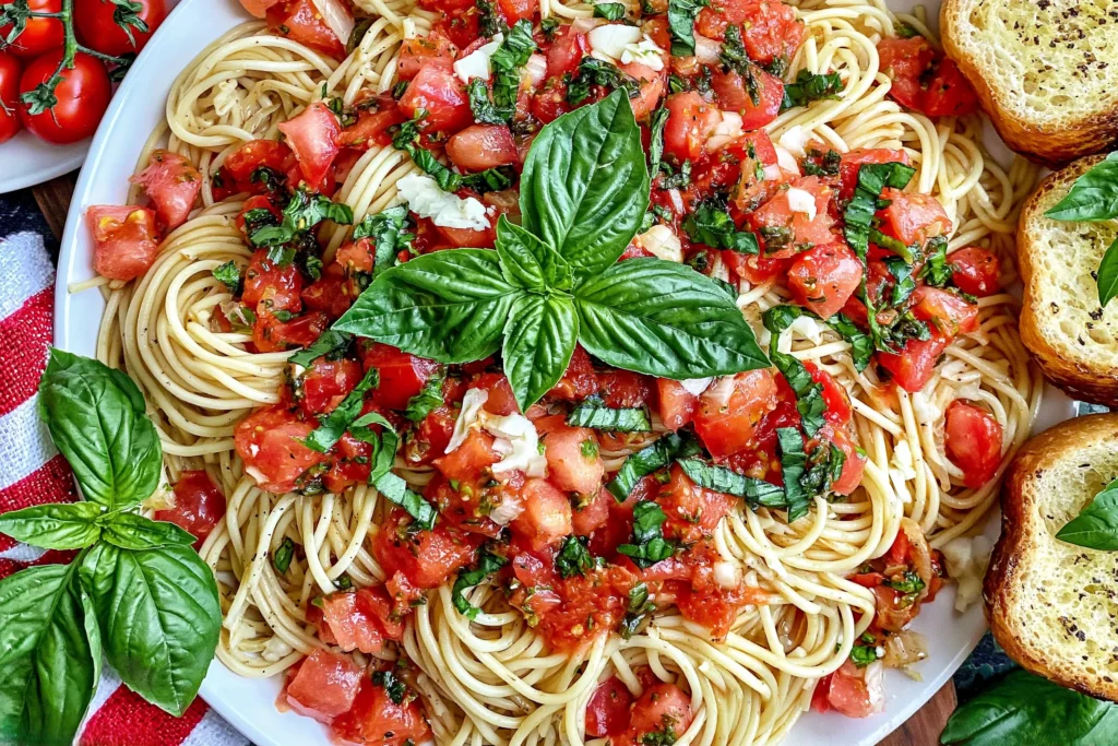 Bruschetta Pasta with spaghetti, fresh Roma tomatoes, basil, mozzarella, and toasted garlic bread, served as a vibrant Italian-inspired pasta dinner.