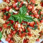 Bruschetta Pasta with spaghetti, fresh Roma tomatoes, basil, mozzarella, and toasted garlic bread, served as a vibrant Italian-inspired pasta dinner.