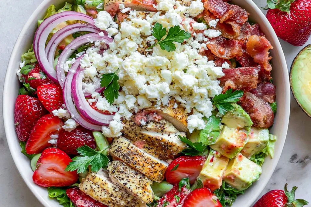 Fresh Chicken Strawberry Salad Bowls topped with grilled chicken, strawberries, avocado, crispy bacon, feta cheese, and red onion over crisp romaine lettuce.
