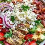 Fresh Chicken Strawberry Salad Bowls topped with grilled chicken, strawberries, avocado, crispy bacon, feta cheese, and red onion over crisp romaine lettuce.