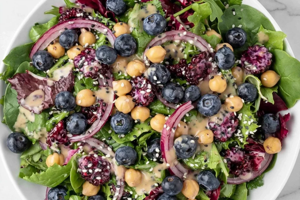 Chickpea Blueberry Salad with fresh blueberries, chickpeas, mixed greens, red onion, seeds, and creamy tahini dressing in a vibrant summer salad bowl