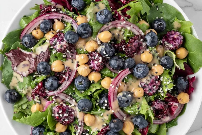 Chickpea Blueberry Salad with fresh blueberries, chickpeas, mixed greens, red onion, seeds, and creamy tahini dressing in a vibrant summer salad bowl