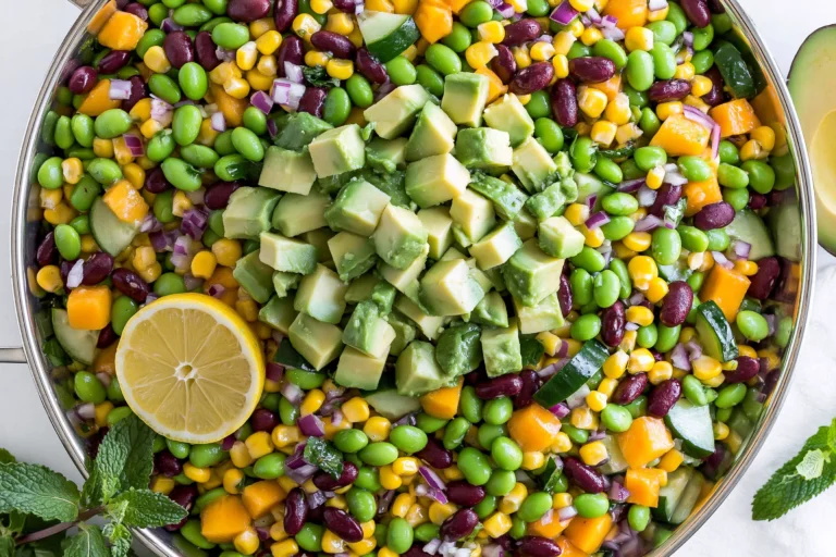 Edamame Mango Salad with avocado, black beans, corn, cucumber, and red onion in a colorful bowl with fresh lemon slices.