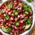 Strawberry Salsa made with fresh strawberries, jalapeños, red onion, cilantro, and lime in a serving bowl with tortilla chips.