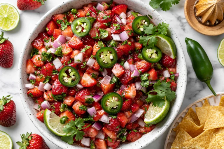 Strawberry Salsa made with fresh strawberries, jalapeños, red onion, cilantro, and lime in a serving bowl with tortilla chips.