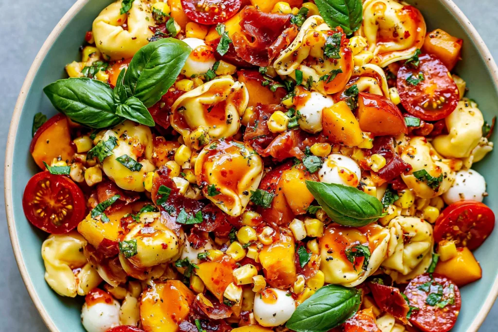 Hot Honey Tortellini Pasta Salad served in a bowl with cheese tortellini, peaches, crispy prosciutto, mozzarella pearls, sweet corn, cherry tomatoes, basil, and a sweet-spicy hot honey dressing.