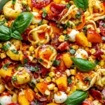 Hot Honey Tortellini Pasta Salad served in a bowl with cheese tortellini, peaches, crispy prosciutto, mozzarella pearls, sweet corn, cherry tomatoes, basil, and a sweet-spicy hot honey dressing.
