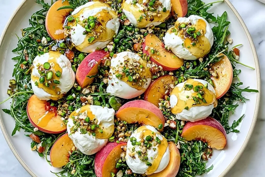 Peach Burrata Arugula Salad made with ripe peach slices, creamy burrata, fresh arugula, chopped pistachios, and a drizzle of honey Dijon dressing.