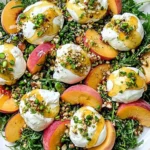 Peach Burrata Arugula Salad made with ripe peach slices, creamy burrata, fresh arugula, chopped pistachios, and a drizzle of honey Dijon dressing.