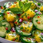 Pineapple Cucumber Salad with fresh pineapple, crisp cucumber, red onion, cilantro, and lime dressing in a vibrant summer bowl.