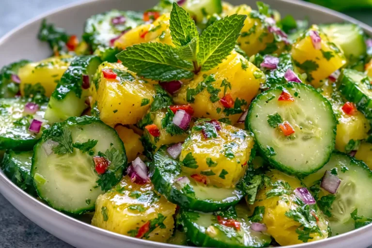 Pineapple Cucumber Salad with fresh pineapple, crisp cucumber, red onion, cilantro, and lime dressing in a vibrant summer bowl.