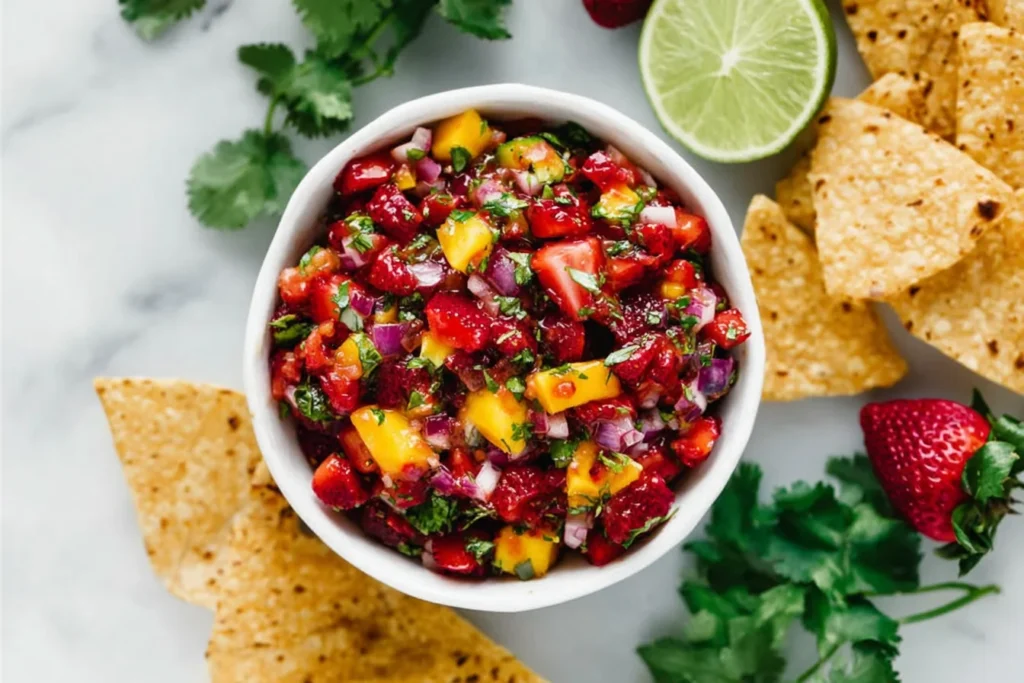 Strawberry Mango Salsa in a white bowl with tortilla chips, fresh lime, cilantro, and strawberries on a marble board.
