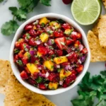 Strawberry Mango Salsa in a white bowl with tortilla chips, fresh lime, cilantro, and strawberries on a marble board.