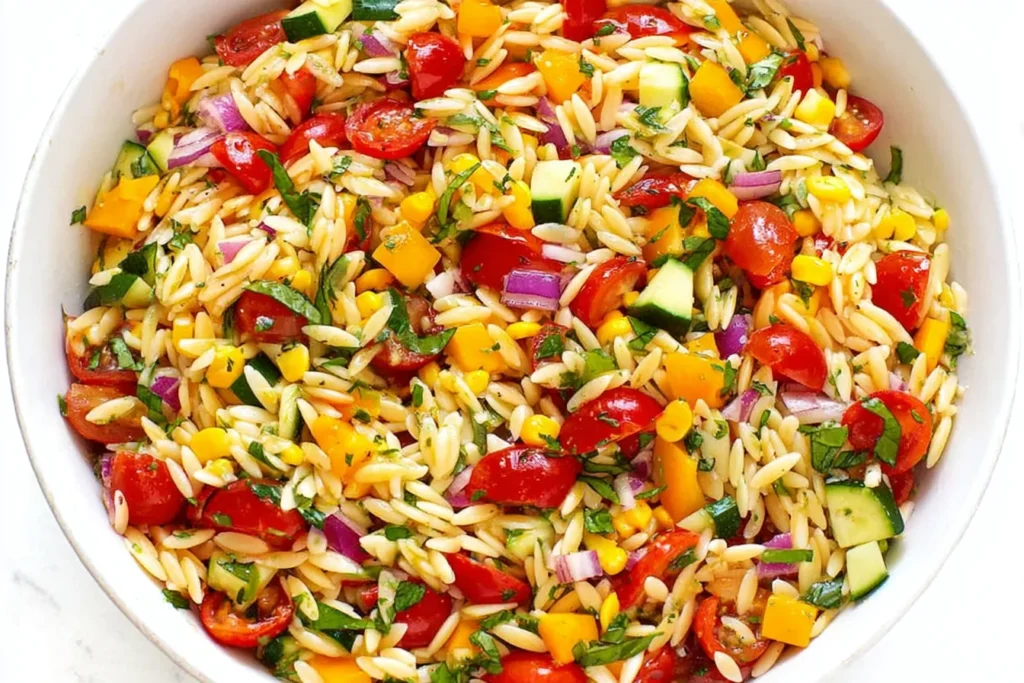 Summer Orzo Pasta Salad packed with cherry tomatoes, cucumber, sweet corn, bell peppers, red onion, and fresh herbs in a white bowl.