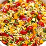 Summer Orzo Pasta Salad packed with cherry tomatoes, cucumber, sweet corn, bell peppers, red onion, and fresh herbs in a white bowl.