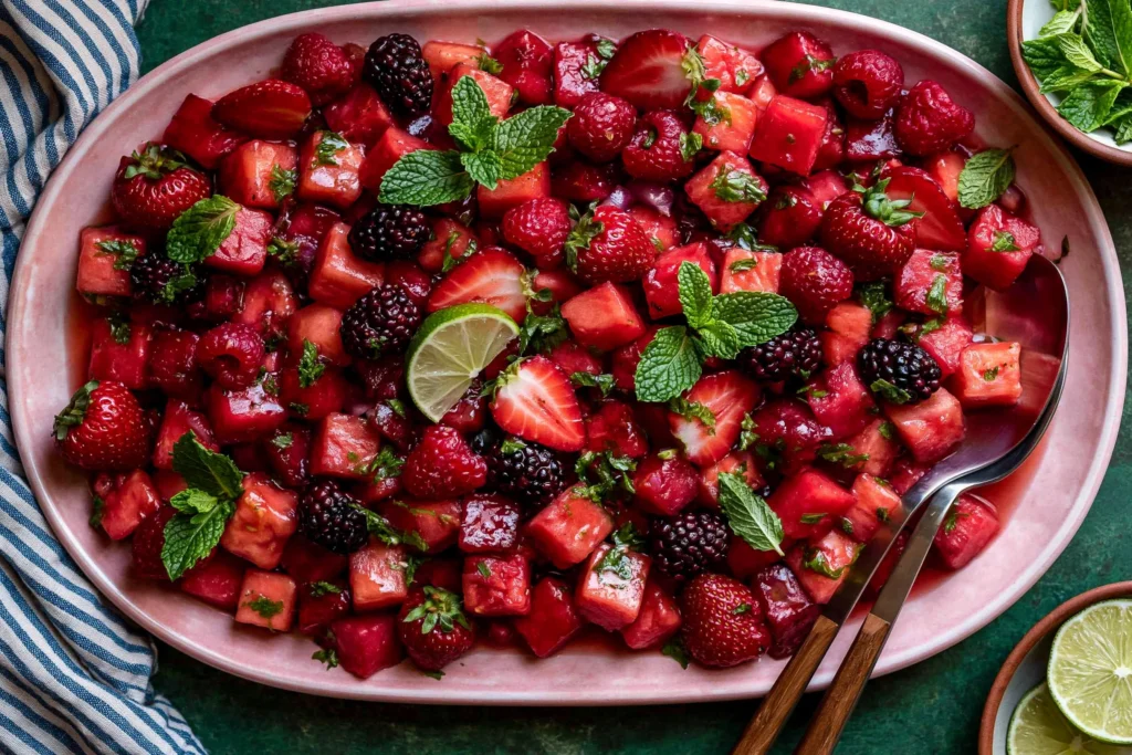 Watermelon Fruit Salad with strawberries, raspberries, blackberries, and fresh mint tossed in a zesty lime mint dressing for a refreshing summer recipe.