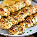 Garlic Parmesan Chicken Kebabs grilled until juicy and golden, topped with herbs and served with lemon wedges.