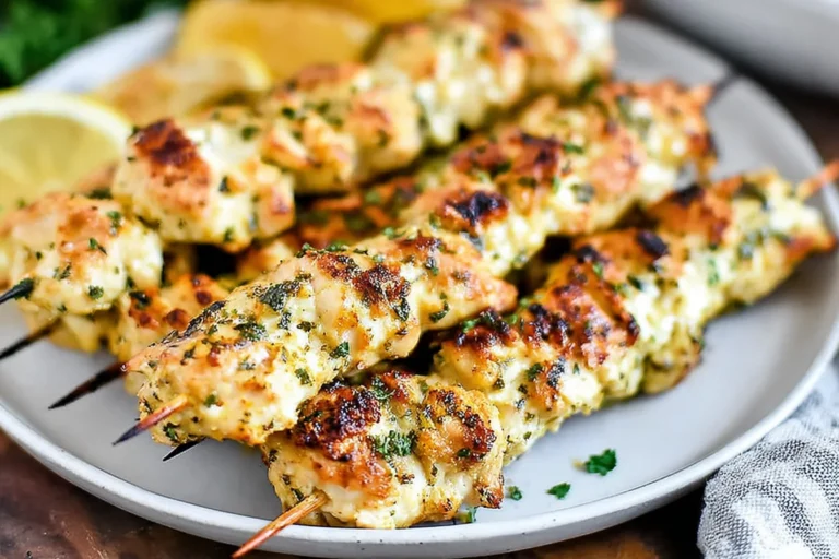Garlic Parmesan Chicken Kebabs grilled until juicy and golden, topped with herbs and served with lemon wedges.
