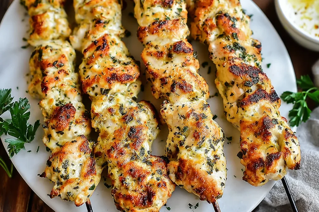 Garlic Parmesan Chicken Kebabs lined up on a white platter, grilled golden with herb-speckled coating and lightly charred edges.