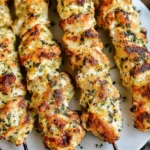 Garlic Parmesan Chicken Kebabs lined up on a white platter, grilled golden with herb-speckled coating and lightly charred edges.