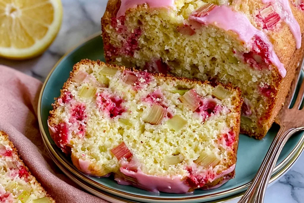 Lemon Rhubarb Bread topped with a sweet lemon glaze and sliced to reveal a soft, moist crumb filled with fresh rhubarb.