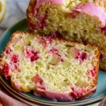Lemon Rhubarb Bread topped with a sweet lemon glaze and sliced to reveal a soft, moist crumb filled with fresh rhubarb.