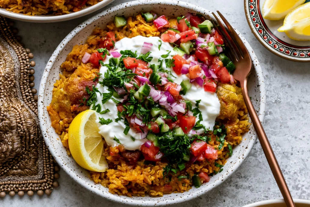 Golden Ground Turkey and Rice Skillet topped with creamy garlic yogurt, fresh cucumber tomato salad, red onion, parsley, and lemon wedges in a rustic serving bowl.