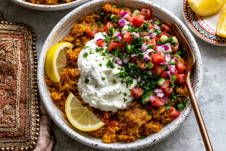 Golden Ground Turkey and Rice Skillet served in a bowl with seasoned golden rice, creamy garlic yogurt sauce, fresh cucumber tomato salad, red onion, parsley, and lemon wedges.