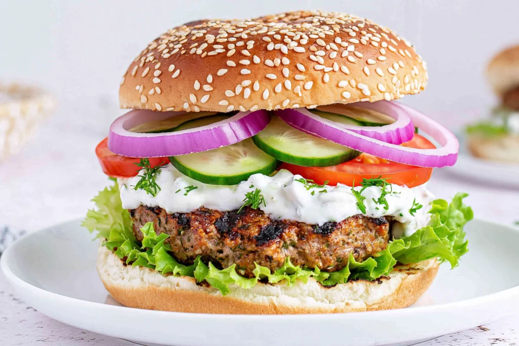 Greek Feta Turkey Burgers topped with creamy tzatziki, cucumber slices, tomatoes, red onion, and lettuce on a sesame seed bun.