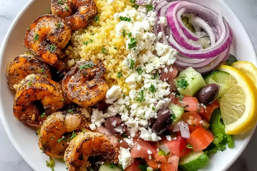 Greek Shrimp Mediterranean Bowl with smoky seared shrimp, quinoa, romaine, cucumber, tomatoes, red onion, kalamata olives, feta, and lemon.