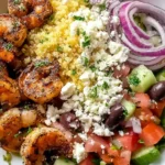 Greek Shrimp Mediterranean Bowl with smoky seared shrimp, quinoa, romaine, cucumber, tomatoes, red onion, kalamata olives, feta, and lemon.
