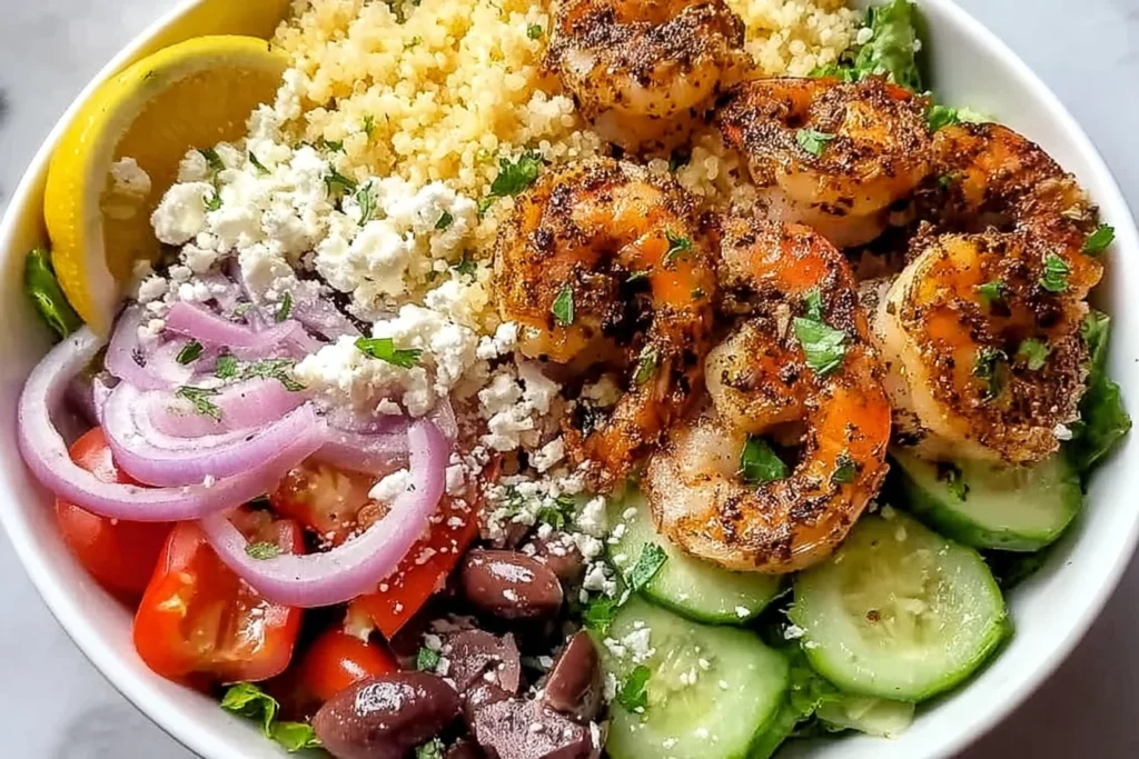 Greek Shrimp Mediterranean Bowl with paprika-garlic shrimp, quinoa, cucumber, tomatoes, red onion, kalamata olives, feta, and lemon wedge.