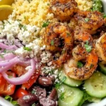 Greek Shrimp Mediterranean Bowl with paprika-garlic shrimp, quinoa, cucumber, tomatoes, red onion, kalamata olives, feta, and lemon wedge.