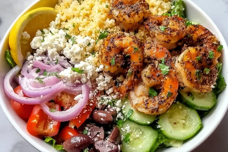 Greek Shrimp Mediterranean Bowl with paprika-garlic shrimp, quinoa, cucumber, tomatoes, red onion, kalamata olives, feta, and lemon wedge.