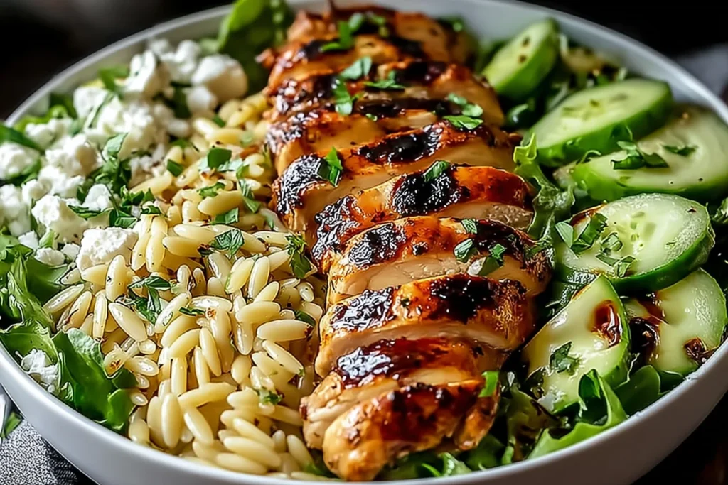 Grilled Chicken Orzo Salad with char-grilled chicken, orzo pasta, cucumber, feta, and herbs in a white bowl.