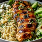 Grilled Chicken Orzo Salad with char-grilled chicken, orzo pasta, cucumber, feta, and herbs in a white bowl.