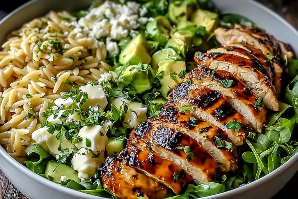 Grilled Chicken Orzo Salad bowl with sliced grilled chicken, orzo pasta, avocado, feta, cucumbers, and fresh herbs.