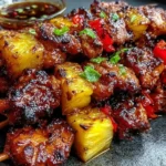 Hawaiian Teriyaki Chicken Kabobs piled on a plate with char-grilled pineapple and peppers, sticky teriyaki glaze, and a dipping sauce on the side.