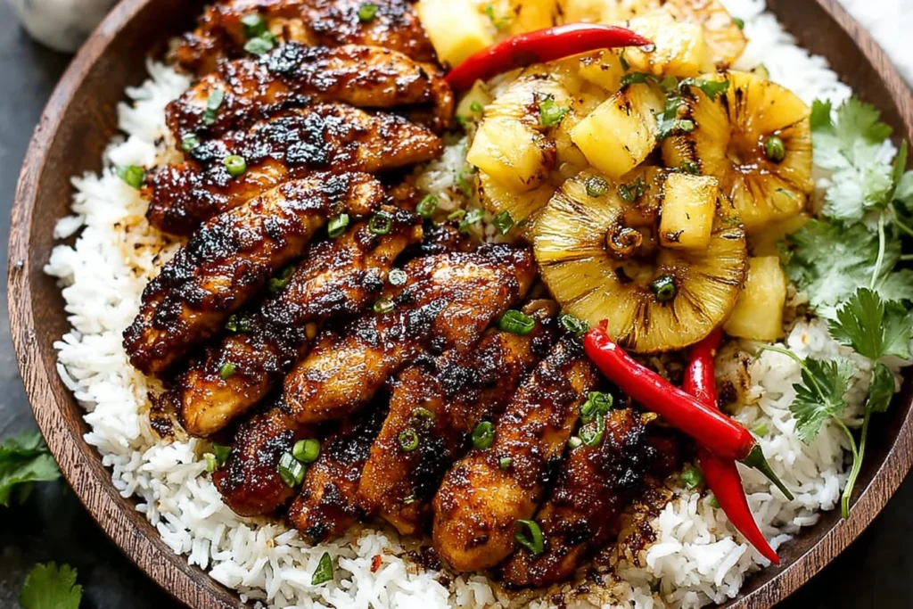 Hawaiian Chicken & Coconut Rice bowl with sticky glazed chicken, grilled pineapple, fluffy jasmine rice, green onions, cilantro, and red chiles.