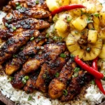 Hawaiian Chicken & Coconut Rice bowl with sticky glazed chicken, grilled pineapple, fluffy jasmine rice, green onions, cilantro, and red chiles.