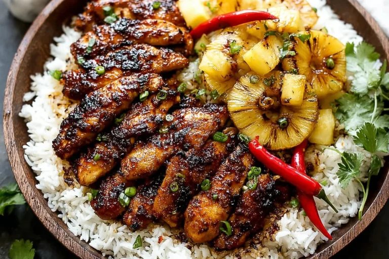 Hawaiian Chicken & Coconut Rice bowl with sticky glazed chicken, grilled pineapple, fluffy jasmine rice, green onions, cilantro, and red chiles.