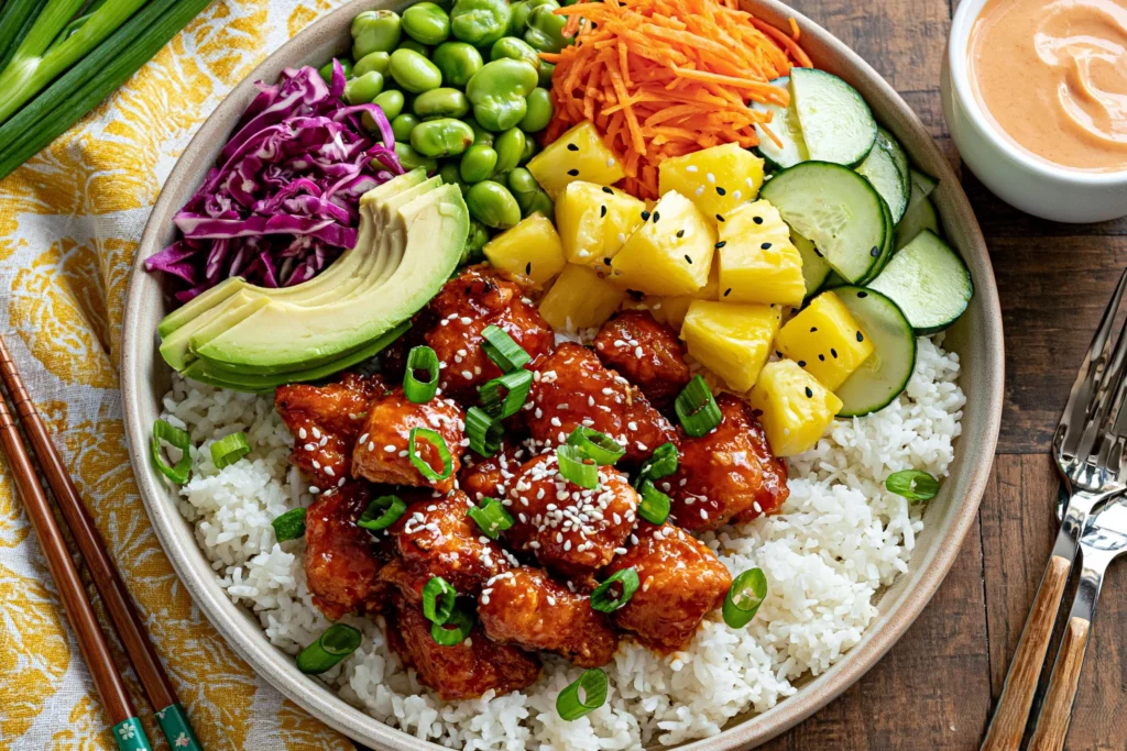 Hawaiian Chicken Poke Bowl with sticky glazed chicken, jasmine rice, pineapple, avocado, cucumber, edamame, carrots, and spicy mayo.