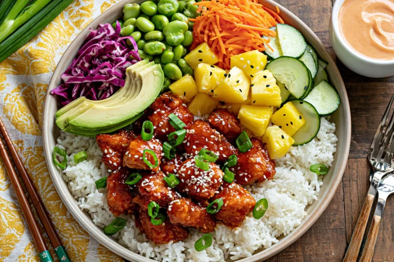 Hawaiian Chicken Poke Bowl with sticky glazed chicken, jasmine rice, pineapple, avocado, cucumber, edamame, carrots, and spicy mayo.