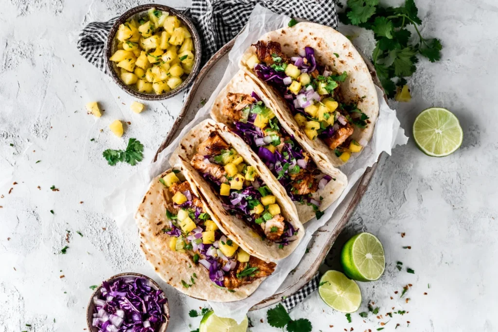 Tray of Hawaiian Huli Huli Chicken Tacos with grilled chicken, pineapple salsa, purple cabbage, cilantro, and lime wedges on the side.