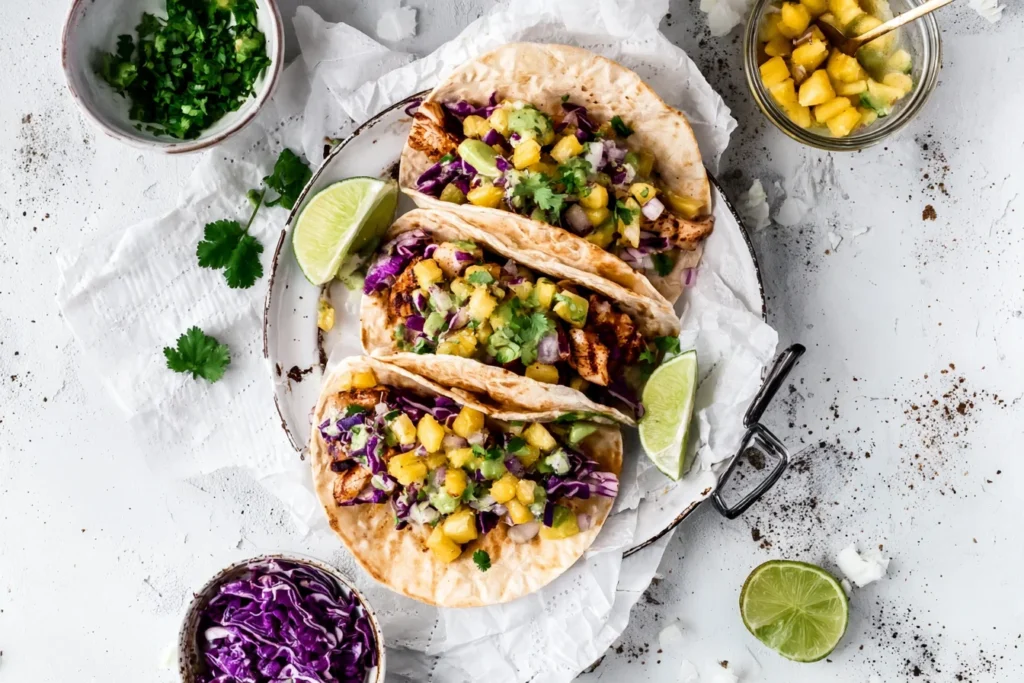 Overhead view of Hawaiian Huli Huli Chicken Tacos topped with pineapple salsa, cilantro, and lime on soft tortillas.