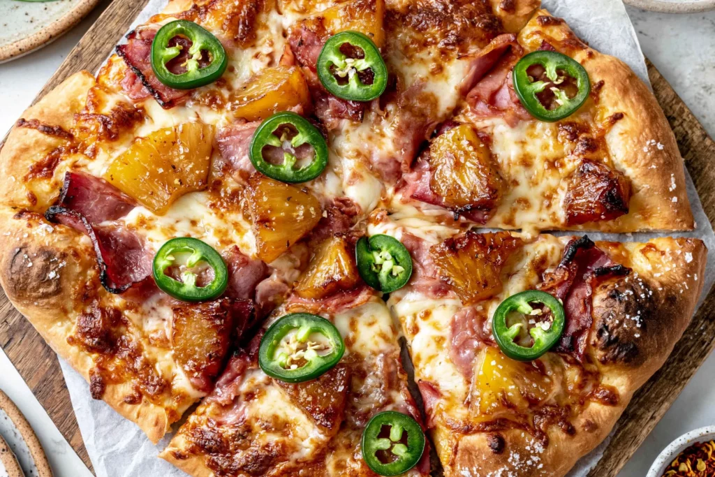 Hawaiian pizza with caramelized pineapple, smoky prosciutto, melted mozzarella, and fresh jalapeño slices on a crispy homemade pizza crust.