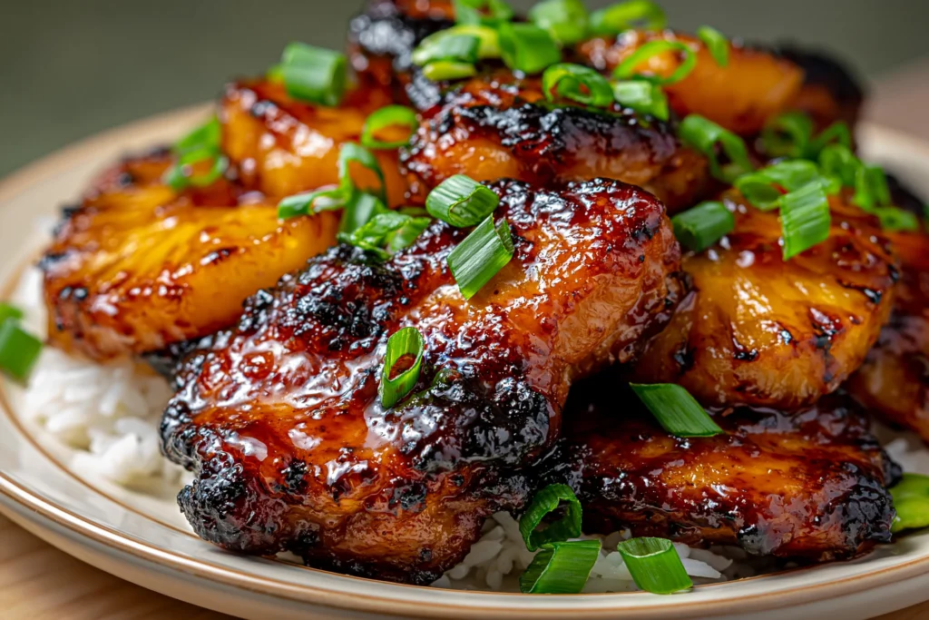 Hawaiian Teriyaki Chicken served over steamed rice with grilled pineapple, glazed chicken thighs, and fresh green onions.